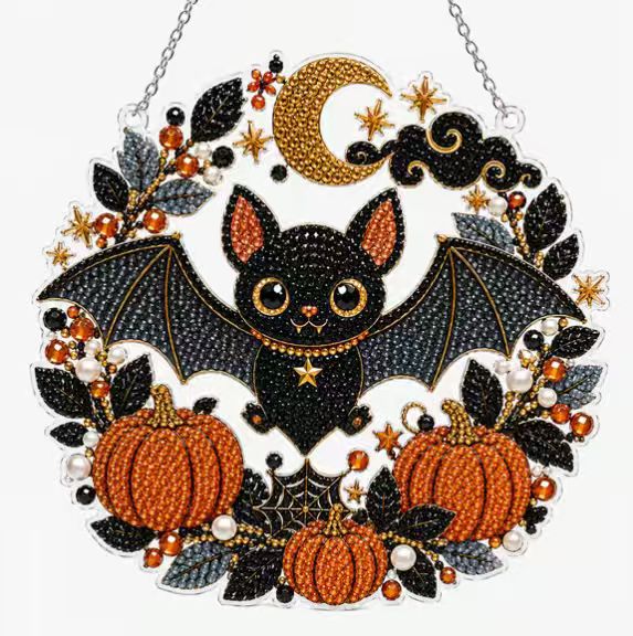 Black bat pumpkin moon 5D diamond painting wreath wall hanging decor