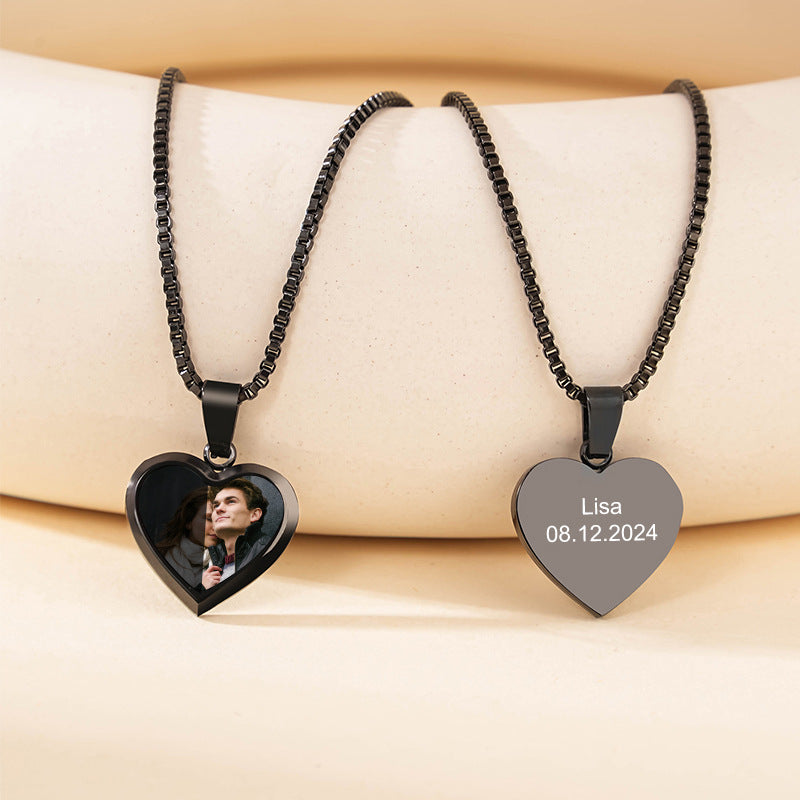 Black dog tag custom hidden photo personalized engraved couple pendant necklace