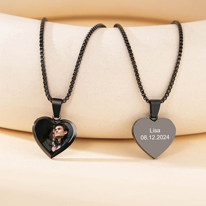 Black dog tag custom hidden photo personalized engraved couple pendant necklace