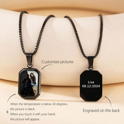 Black dog tag heat activated custom photo engraved memorial keepsake necklace