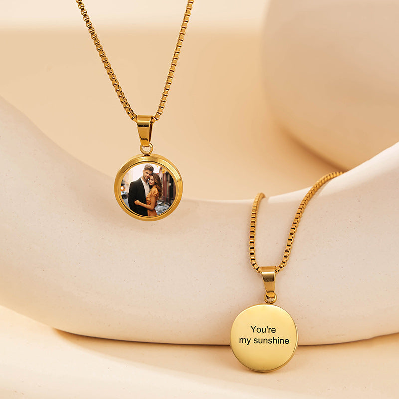 Black gold round custom photo engraved matching couple necklace keepsake