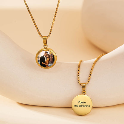 Black gold round custom photo engraved matching couple necklace keepsake