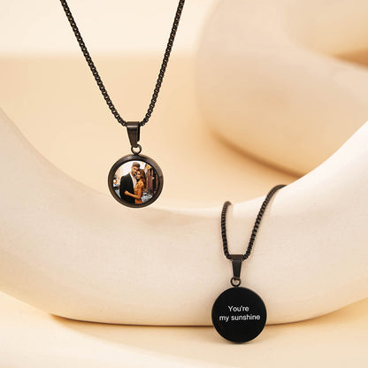 Black round heat reveal photo custom engraved matching couple pendant necklaces