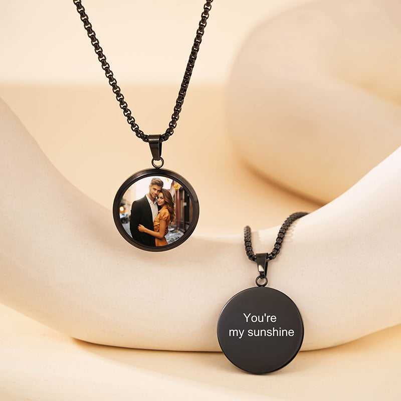 Black round hidden photo pendant with engraved tag matching couple necklaces set
