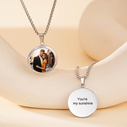 Black silver round hidden photo pendant matching couple necklaces custom engraving