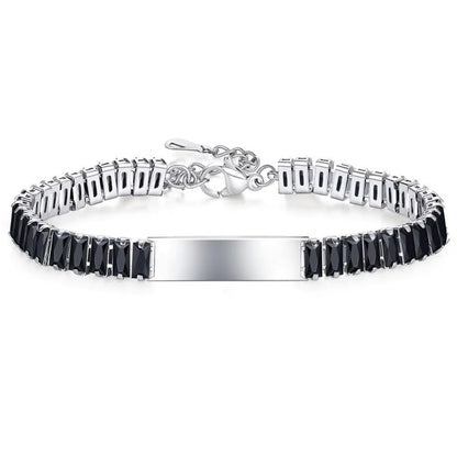 Black and silver two-tone stainless steel zircon bracelet with central engraving bar for personalized text