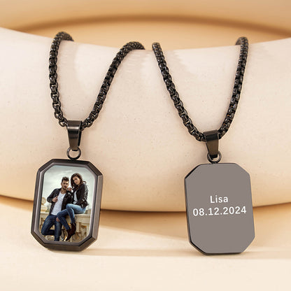 Black gunmetal titanium dog tag necklace with hidden thermo photo and custom engraved text on reverse side