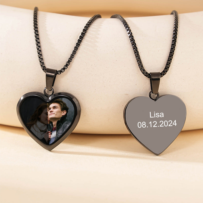 Black titanium steel heart necklace, front heat hidden custom photo, back personalized name date engraving for couple keepsake gift