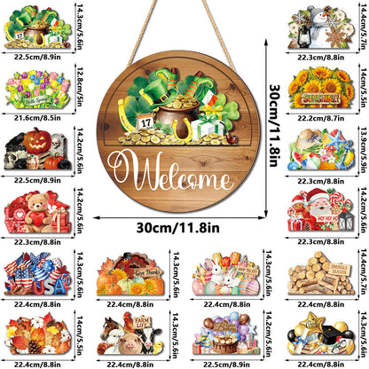 Black base interchangeable welcome wood sign with snowman winter cutout, 30cm round front porch hanging decor
