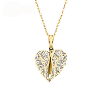 Blank gold zircon angel wing heart locket without photo, customizable picture pendant base