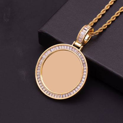 Plain Blank Gold Brass Round Photo Medallion With Full Baguette Cubic Zirconia Rim Unprinted Bereavement Remembrance Wearable Pendant
