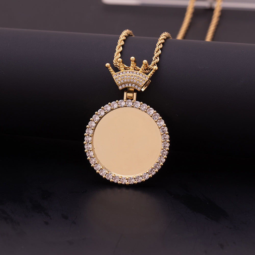 Blank Gold Crown Photo Pendant Back Side Unprinted Round Diamond Halo Customizable Memory Jewelry