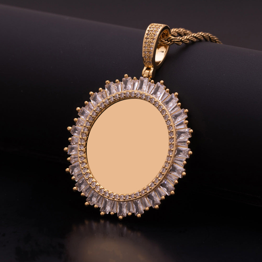Blank Reverse Side Gold Sunburst Baguette Cubic Zirconia Custom Photo Pendant Unengraved Round Medallion Jewelry
