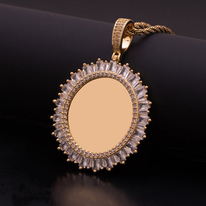 Blank Reverse Side Gold Sunburst Baguette Cubic Zirconia Custom Photo Pendant Unengraved Round Medallion Jewelry