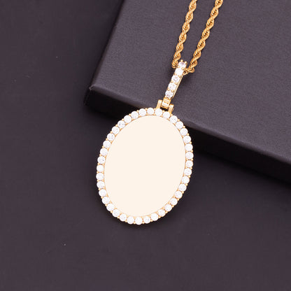 Plain Unprinted Gold Brass Oval Photo Pendant Surrounded By Paved Cubic Zirconia Stones Bereavement Remembrance Wearable Jewelry