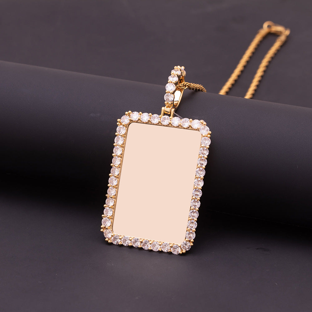 Plain Blank Gold Tone Brass Rectangular Photo Dog Tag With Full Cubic Zirconia Rim Unprinted Pendant Bereavement Remembrance Wearable Jewelry