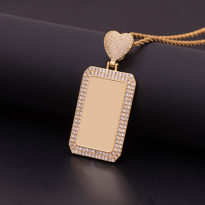 Plain blank gold rectangular dog tag locket without photo, customizable zirconia heart bail photo pendant base
