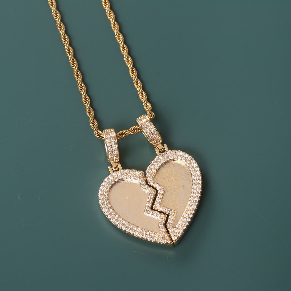 Blank gold split broken heart pendant without photo, customizable zircon couple matching necklace base