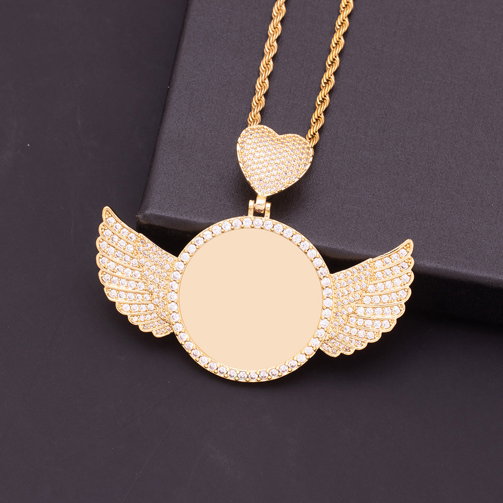 Blank gold angel wing round locket without photo, customizable unisex memory photo pendant base