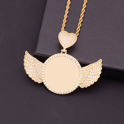 Blank gold angel wing round locket without photo, customizable unisex memory photo pendant base