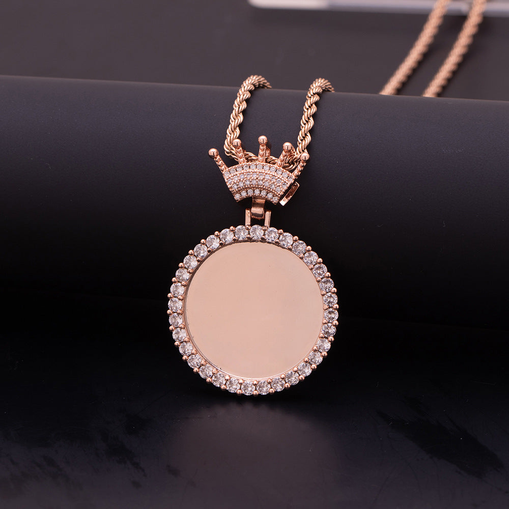 Blank Rose Gold Crown Photo Pendant Back Surface Unengraved Round Diamond Custom Keepsake Necklace