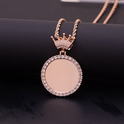 Blank Rose Gold Crown Photo Pendant Back Surface Unengraved Round Diamond Custom Keepsake Necklace