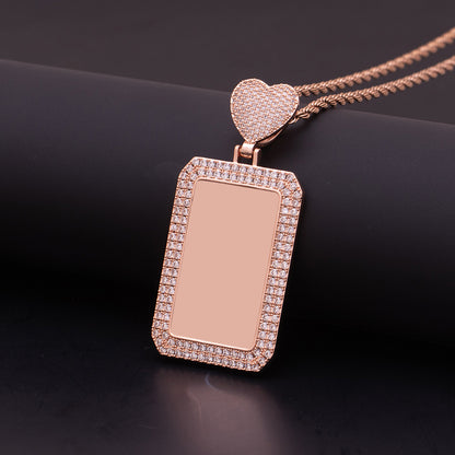 Plain rose gold heart bail rectangular dog tag blank pendant, stainless steel customizable portrait memory jewelry