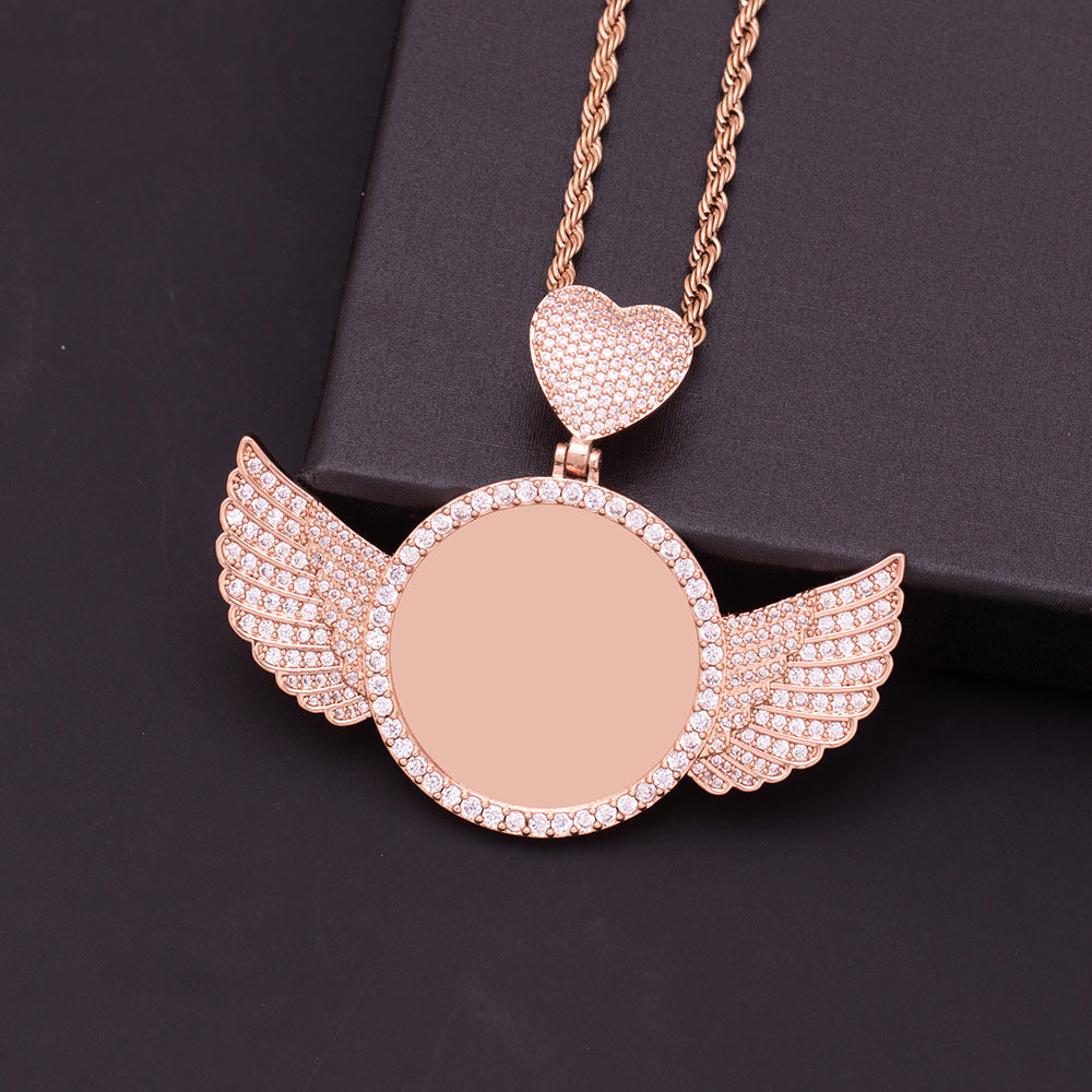 Empty rose gold angel wing round locket, unisex customizable photo jewelry with zirconia wings and heart bail