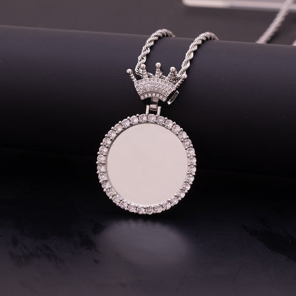 Blank Silver Crown Custom Picture Pendant Reverse Side Plain Round CZ Frame Personalized Jewelry