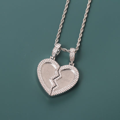 Plain silver interlocking broken heart locket blank pendant, stainless steel custom photo couple necklace