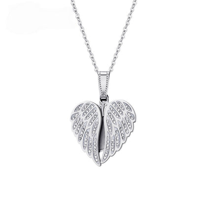Blank silver zircon inlaid angel wing heart locket, personalized photo necklace base pendant