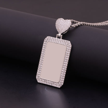 Empty silver rectangular zirconia dog tag pendant, unisex customizable custom photo necklace blank frame