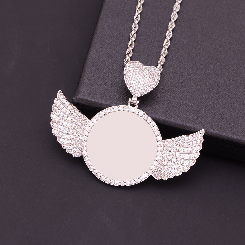 Plain silver zirconia angel wing blank pendant, stainless steel customizable portrait necklace for men women