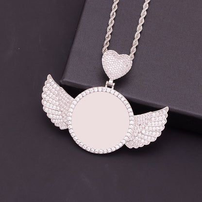Plain silver zirconia angel wing blank pendant, stainless steel customizable portrait necklace for men women