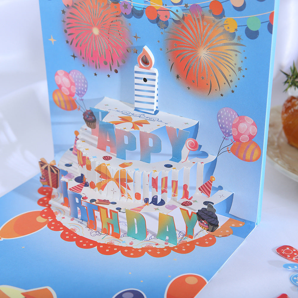 Blue happy birthday pop up card front cover with envelope