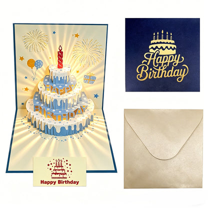 Blue Cream Cake Pop Up Birthday Card Navy Blue Cover