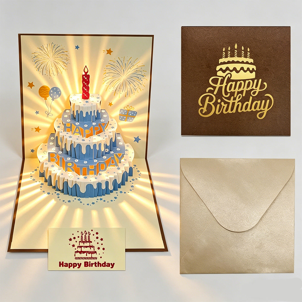 Blue Cream Cake Pop Up Birthday Card Brown Cover