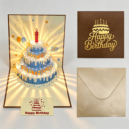 Blue Cream Cake Pop Up Birthday Card Brown Cover