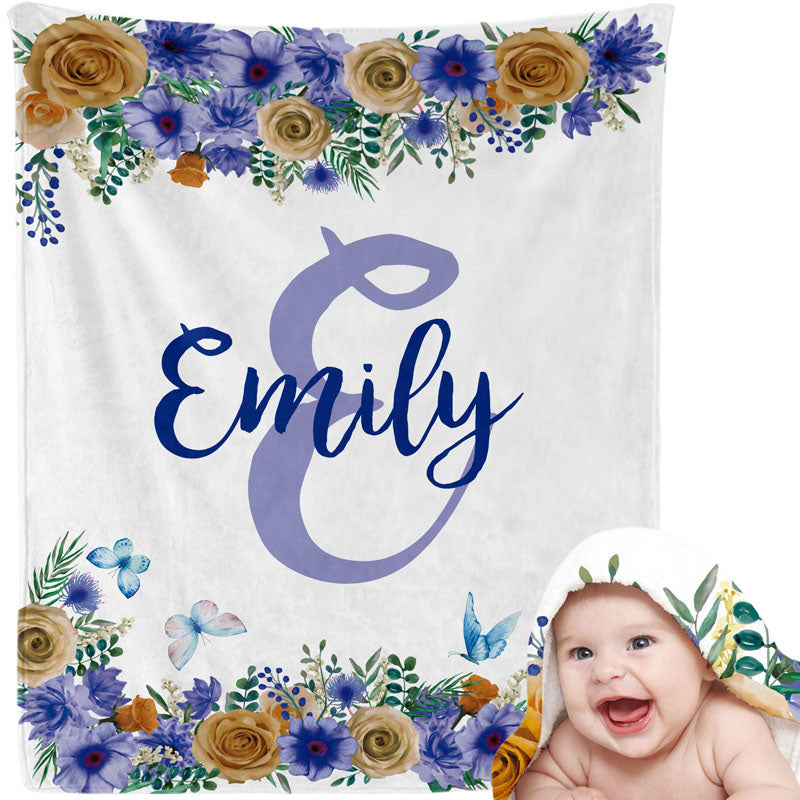 Blue purple floral personalized baby blanket with initial letter and name Emily fleece newborn keepsake blanket for baby girls