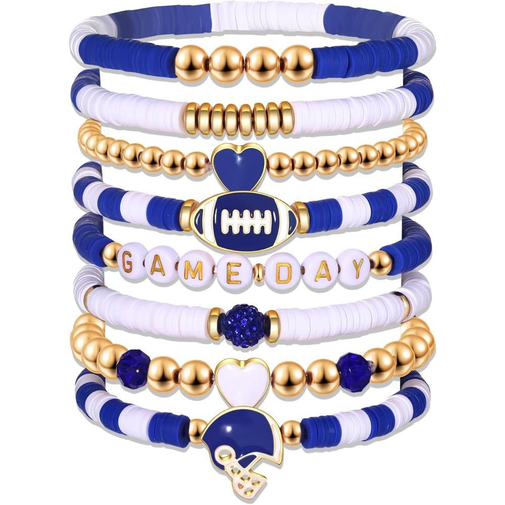 Blue White Team Color Game Day Bracelet Stack, 8Pcs Football Fan Beaded Bracelets