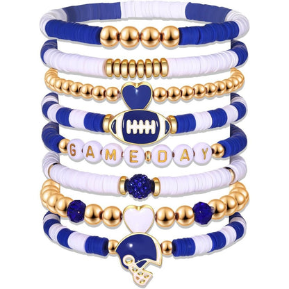 Blue White Team Color Game Day Bracelet Stack, 8Pcs Football Fan Beaded Bracelets