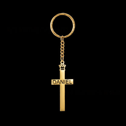 Bold uppercase custom name gold cross keychain, personalized christian key ring gift for men