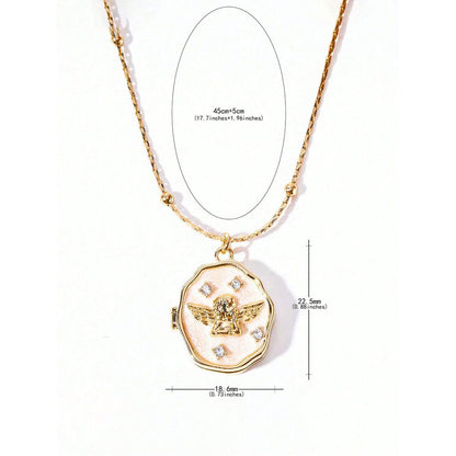 Size dimension schematic drawing for gold plated brass irregular angel photo locket pendant