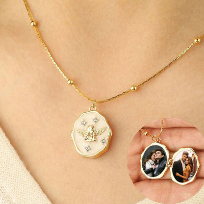 Female collarbone wearing display of gold plated brass angel enamel locket, matched with close-up of open locket dual photo storage structure