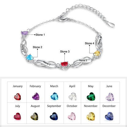 Dimension schematic drawing and 12-month birthstone comparison chart for brass infinity heart zircon bracelet