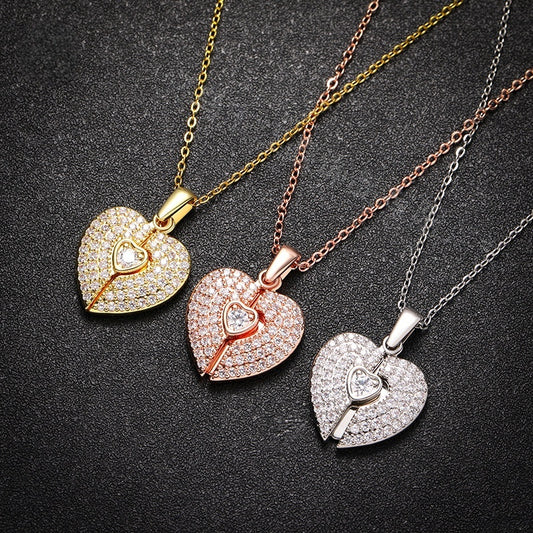 Gold Rose Gold Silver Brass Cubic Zirconia Angel Wing Split Heart Locket Necklace Personalized Memorial Keepsake Jewelry for Women