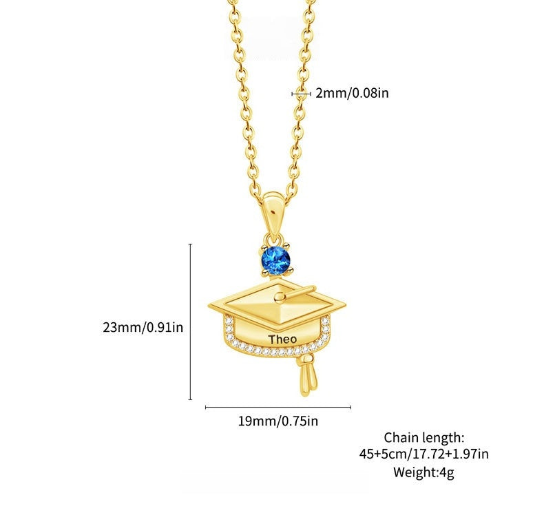 Dimension specification drawing for plated brass zircon graduation cap engraved necklace