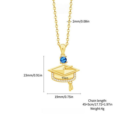 Dimension specification drawing for plated brass zircon graduation cap engraved necklace