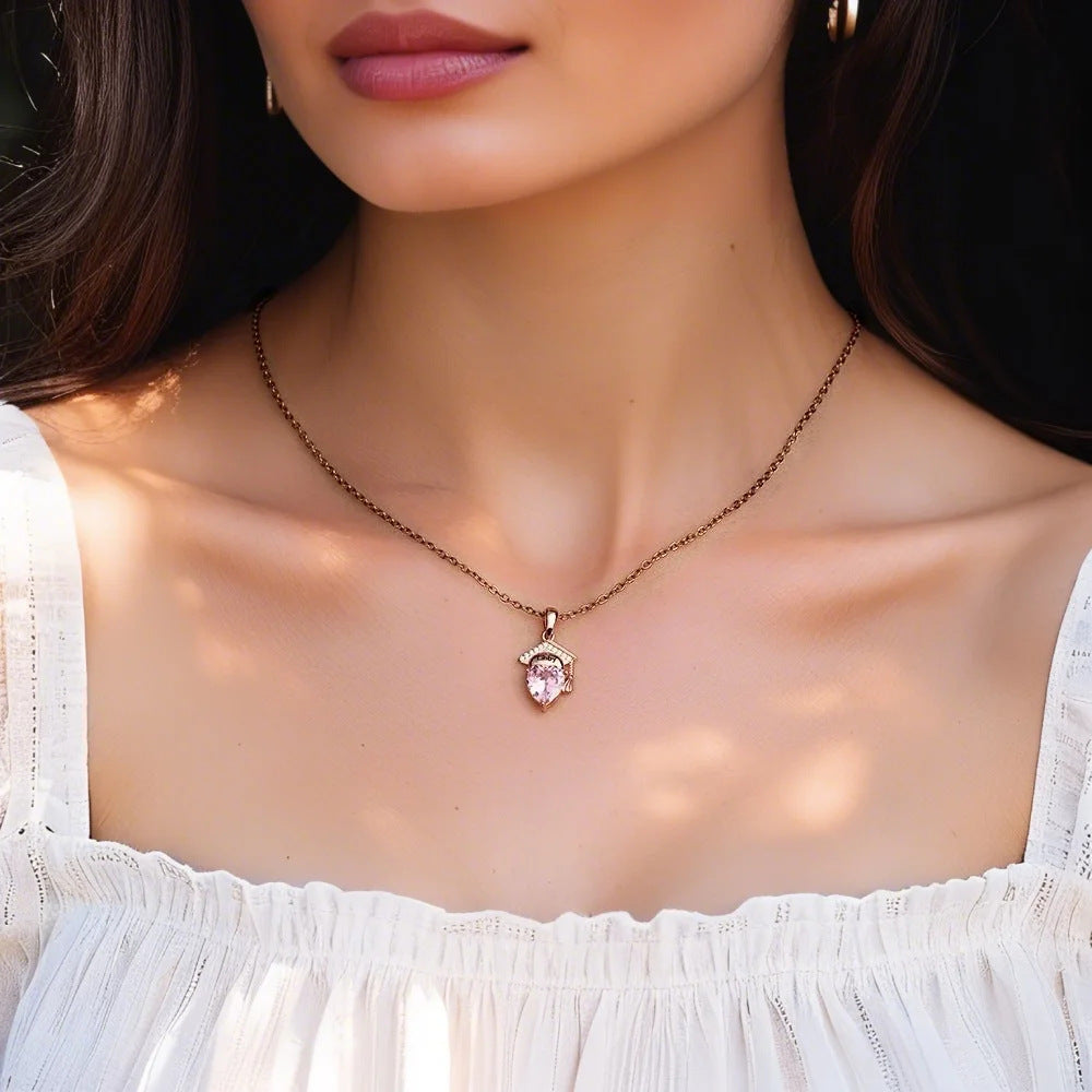 Real collarbone wearing effect of brass heart birthstone graduation pendant with off-shoulder top