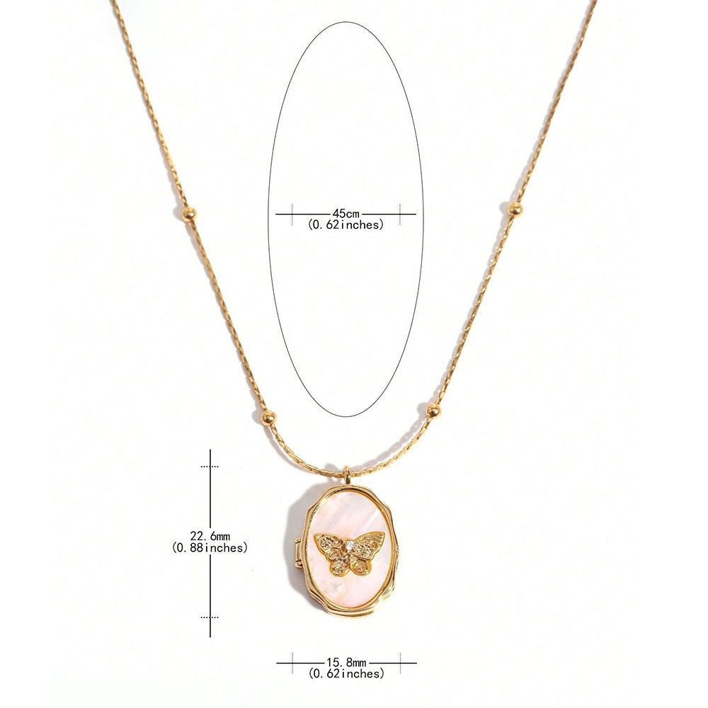 Dimension measurement chart for gold plated brass oval photo locket pendant decorated with natural shell butterfly